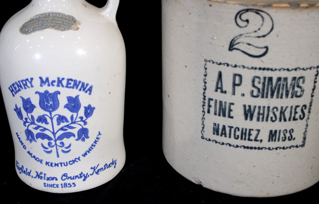 334b - 2 advertising whiskey crocks, Natchez MS