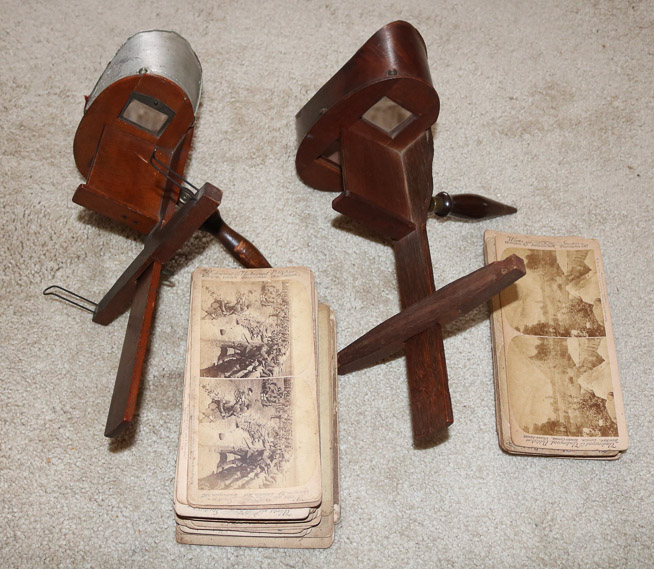 308a - Pair antique stereoscopes with original cards