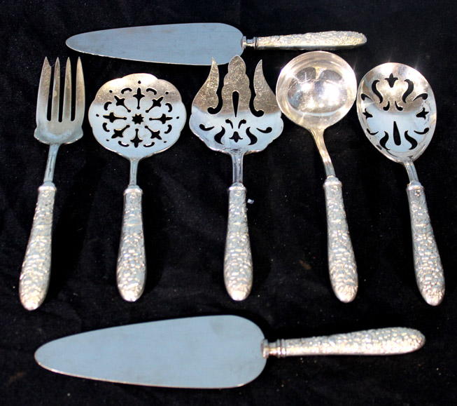 259b - 7 piece repousse sterling silver serving pieces